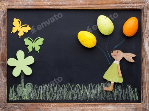 Preview: Spring And Easter Decor. Wooden Symbols Bunny, Flowers And Butterflies.