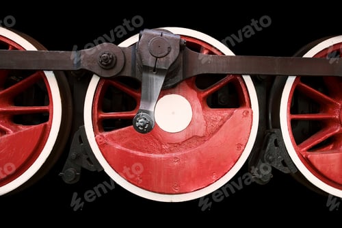 Preview: Red Wheels Of Steam Locomotive Isolated On A Black Background. Concept And Idea Of Communication