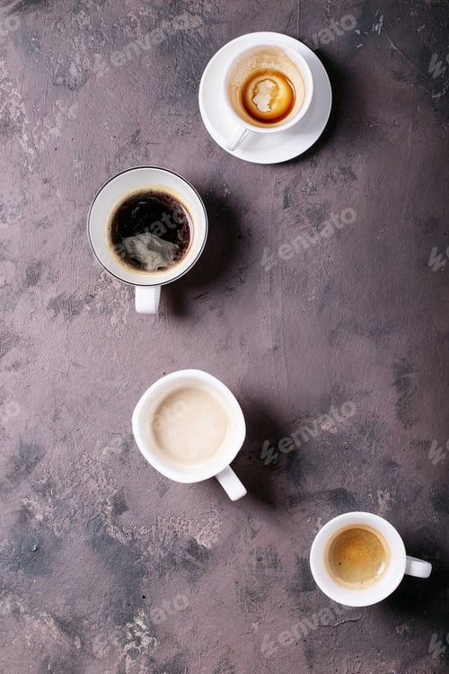 Preview: Fresh Coffee In White Ceramic Cups Over Brown Texture Brown Background. Top View, Flat Lay