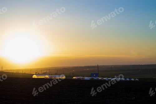 Preview: Silhouettes Of Greenhouses At Sunset. Beautiful Background Theme Of Natural Products, Vegetables