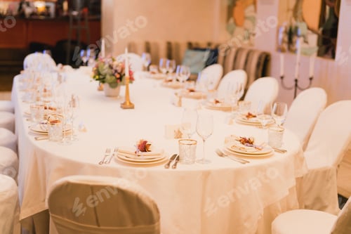 Preview: Coziness And Style. Modern Event Design. Table Setting At Wedding Reception. Floral Compositions