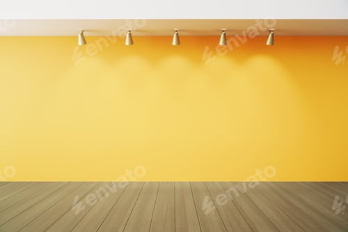 Preview: Minimalist Yellow Wall with Wooden Floor and Lights