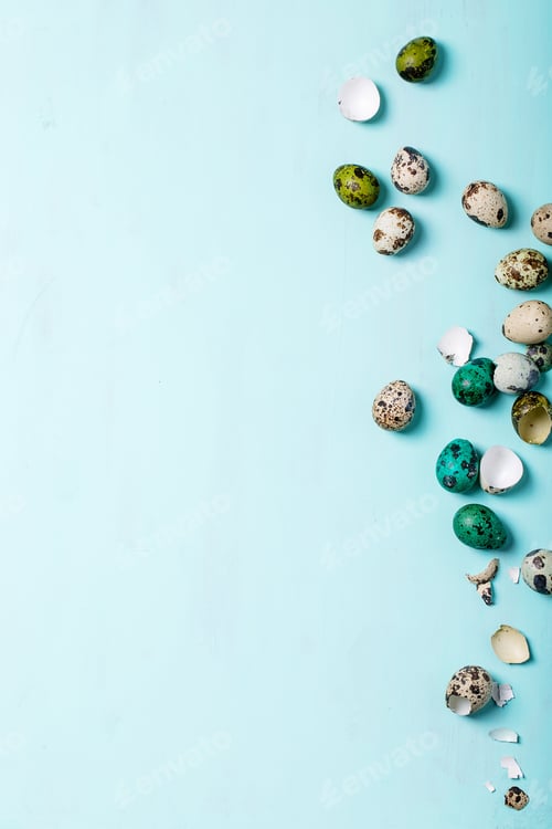 Preview: Traditional Easter Decoration With Colored Quail And Chicken Eggs Over A Cyan Texture Background