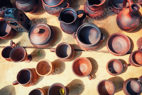 Preview: Top View Of The Clay Dishes. Handmade Products In The Pottery Workshop. Pots, Jugs, Mugs, Goblets