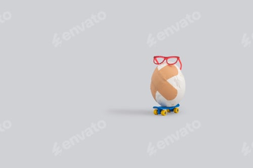 Preview: Creative Food Concept With Broken Egg And Adhesive Bandage Riding Skateboard