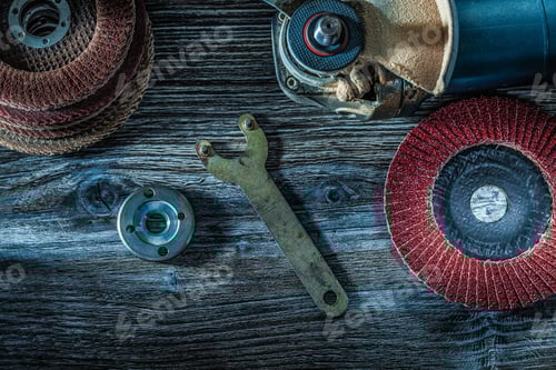 Preview: Angle Grinder Abrasive Discs Key On Vintage Wooden Board.
