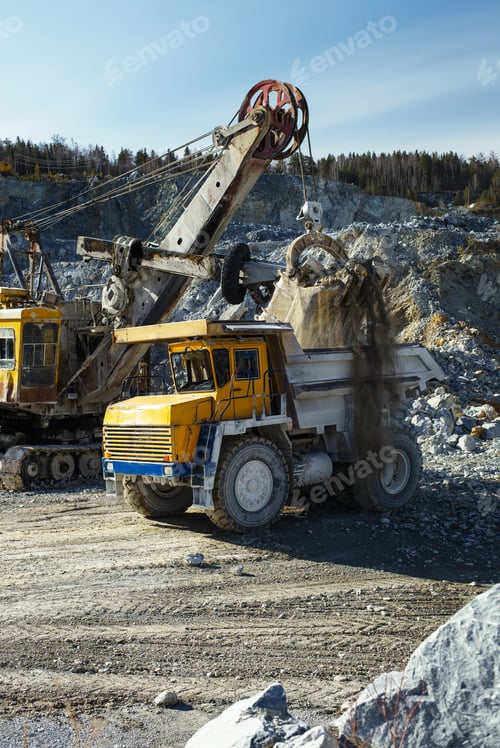 Preview: Heavy Mining Machinery During Loading In A Stone Quarry, Close-Up. Mining Industry.