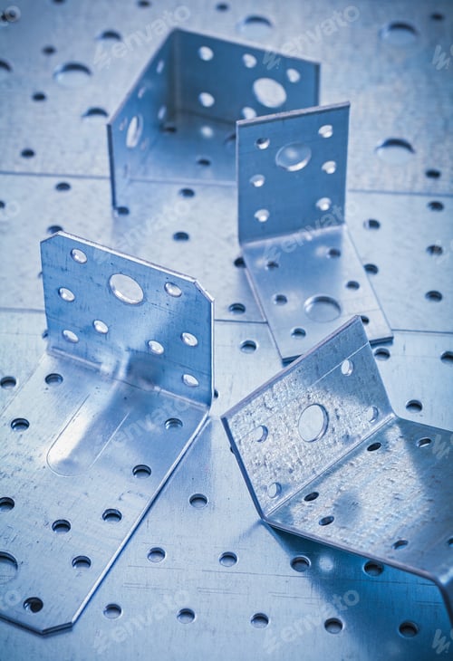 Preview: Metal Angle Bars On Perforated Metallic Background Construction Concept.
