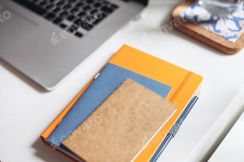 Preview: Craft, Blue, Orange Notebooks, Water On White Table