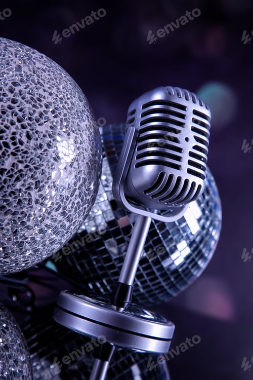 Preview: Professional Silver Microphone On A Black Glossy Background