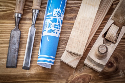 Preview: Blue Rolled Construction Drawing Shaving Plane Chisels Wooden Studs On Wood Board.