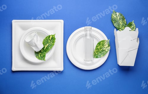 Preview: Different Garbage On Color Background. Recycling Concept