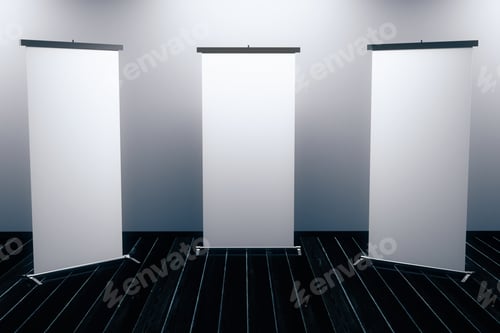 Preview: Blank White Modern Banner Stands on Wooden Floor