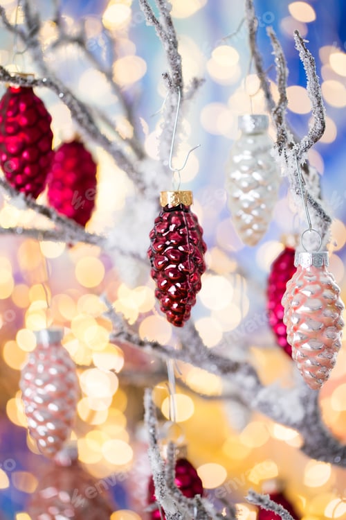 Preview: Christmas Greeting Card. Cone Decoration On Bokeh Background. New Year Concept. Copy Space. Flat