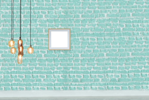 Preview: Empty Frame on Aqua Brick Wall with Lights