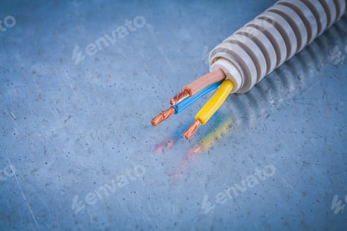Preview: Electric Corrugated Wire Protection Copper Cables On Scratched Metallic Surface.