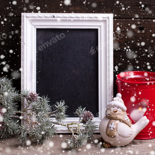 Preview: Decorative Bird, Empty Blackboard, Candle In Lantern And Branches Fur Tree On Aged Wooden