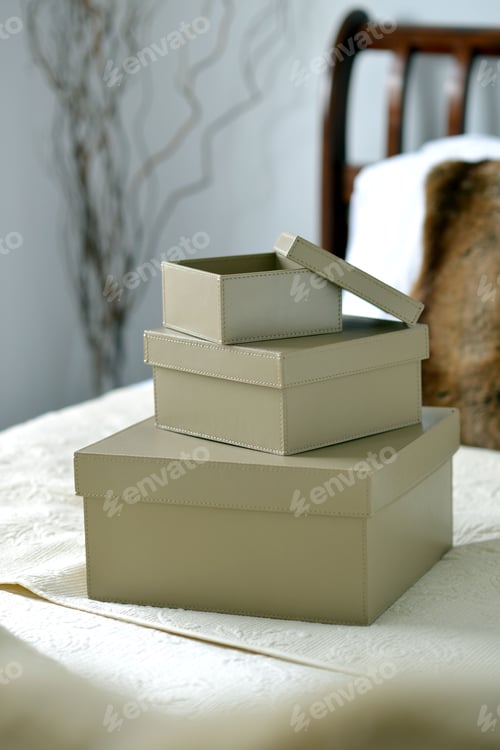 Preview: Brown Leather Storage Boxes In A Bedroom