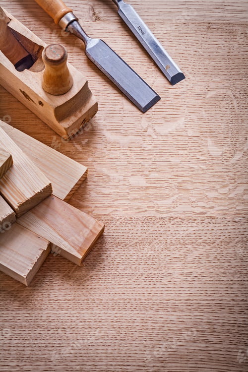 Preview: Copyspace Image Stack Of Wooden Planks Chisels Woodworkers Plane On Board Construction Concept