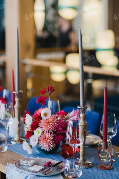 Preview: Coziness And Style. Modern Event Design. Table Setting At Wedding Reception. Floral Compositions