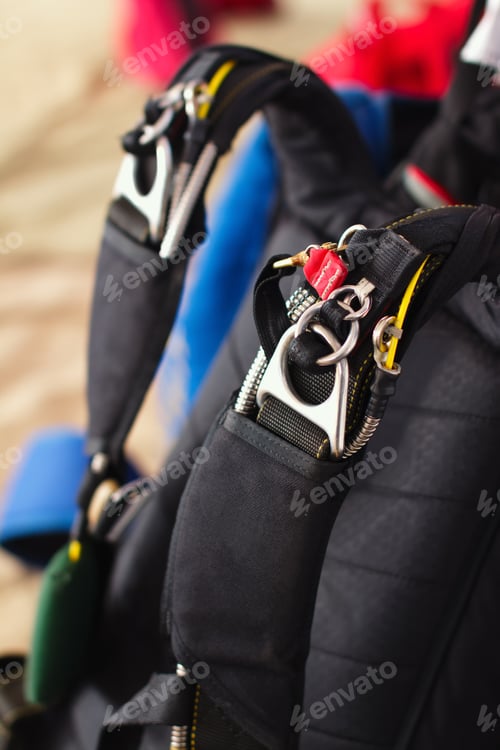 Preview: Backpack Parachute Before Jumping, Close Up.