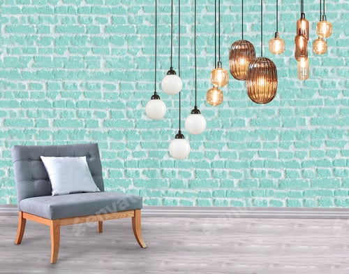 Preview: Interior Space Green Brick Wall Decoration And Special Design Lamp, Colored Sofa And Parquet
