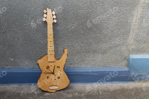 Preview: Decorative Wooden Clock-Shaped Guitar, Abstract Toned Background