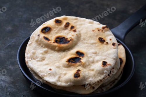Preview: Traditional Indian Flatbread Chapati. In Cast Iron Skillet Easy Home Cooking Concept. Close Up