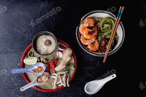 Preview: Green Tea Soba Noodles Served With Shrimps Mushrooms Broth On A Bamboo Tray With Spices In Round