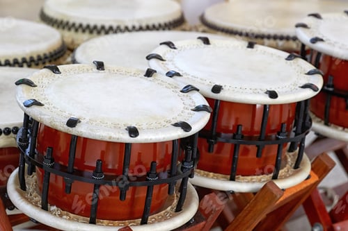 Preview: Several Japanese Drums On Traditional Coasters. Image Without People.
