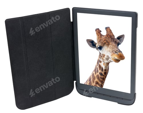 Preview: Electronic Book Reader With The Image Of Giraffe Head Face On White Background
