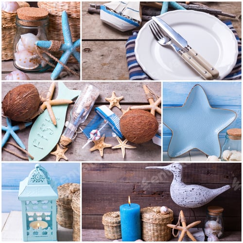 Preview: Collage From Photos With Ocean Or Coastal Living Decorations. Decorative Wooden Boat, Star Fish