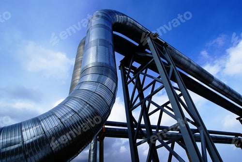 Preview: Industrial Zone, Steel Pipelines And Valves Against Blue Sky
