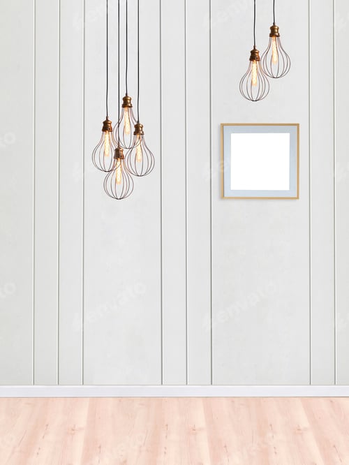 Preview: Modern Interior with Light Bulbs and Blank Frame