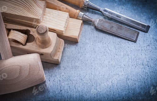 Preview: Set Of Wooden Planer Hammer Bricks Flat Chisels Construction Concept.