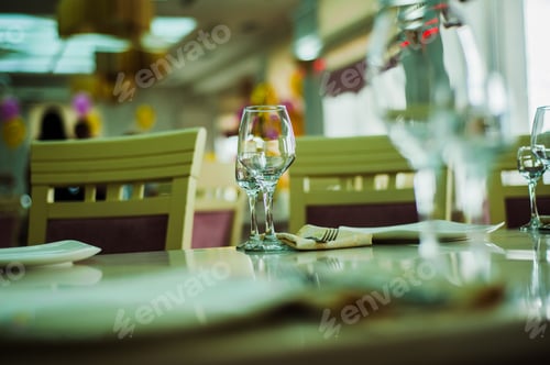 Preview: Row Of Wine Glasses.Wine Tasting.Glasses On The Table In The Restaurant, A Fork, A Spoon, A Knife