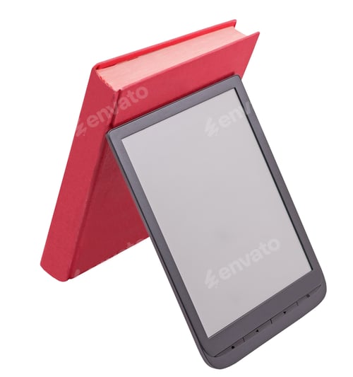 Preview: Electronic Book Reader And Book On White Background
