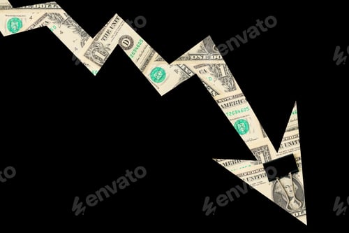 Preview: Arrow Down From The Elements Of Dollar Bills On A Black Background, Isolated. The Concept Of The