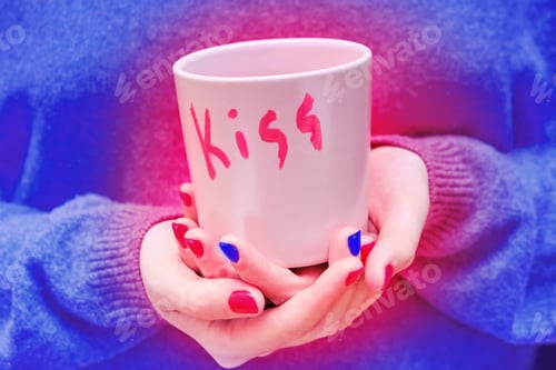 Preview: Woman In A Blue Sweater Holds A Pink Cup With The Inscription Kiss