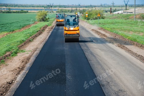 Preview: Workers On A Road Construction, Industry And Teamwork, New Asphalt