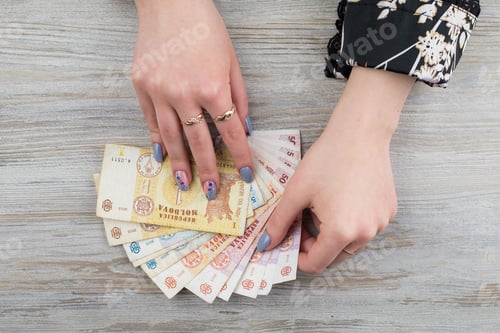 Preview: Female Hands With Moldovan Money. Mdl Moldavian Lei. Abstract Background On The Theme Of Expenses