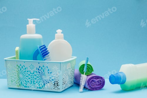 Preview: Plastic Basket, Bottles Of Dishwashing Liquid, Glass And Tile Cleaner, Brushes, Garbage Bags On