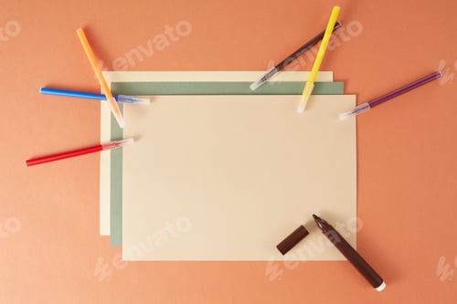 Preview: Colorful Back To School Flat Lay And Clipboard On Brown Background