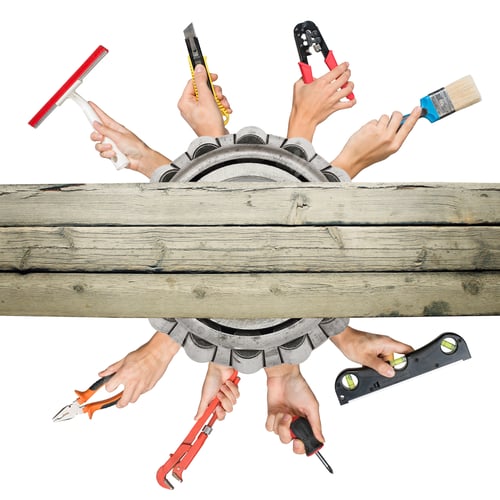 Preview: Peoples Hands Holding Tools On Isolated White Background