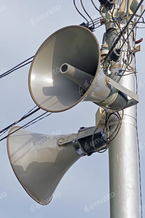 Preview: Speakers. Megaphones On A Pole In The City