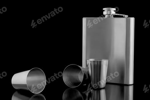 Preview: Hip Flask With Cups On A Black Background