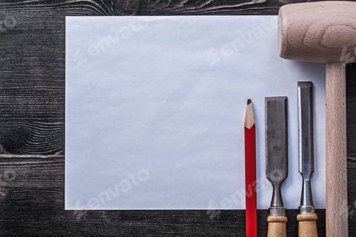 Preview: Flat Chisels Wooden Mallet Pencil Blank Paper Construction Concept.