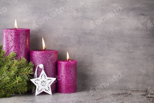 Preview: Three Purple Candles On Gray Background, Christmas Decoration. Advent Mood.