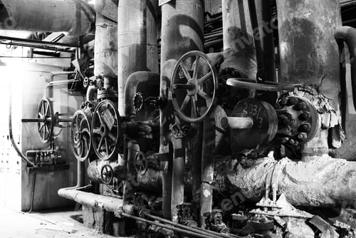 Preview: Pipes, Tubes, Machinery And Steam Turbine At A Power Plant Black And White