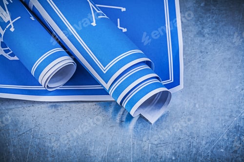 Preview: Blue Construction Drawings On Metallic Background Maintenance Concept.